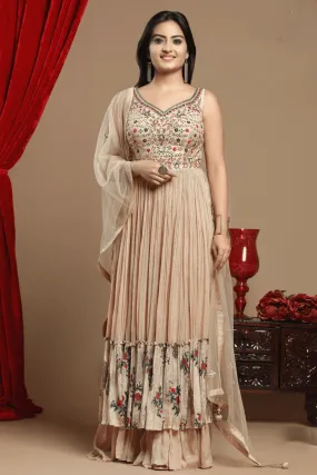 Beige Multicolor Embroidery, Stone, Sequins and Thread work Salwar Suit with Palazzo Pants