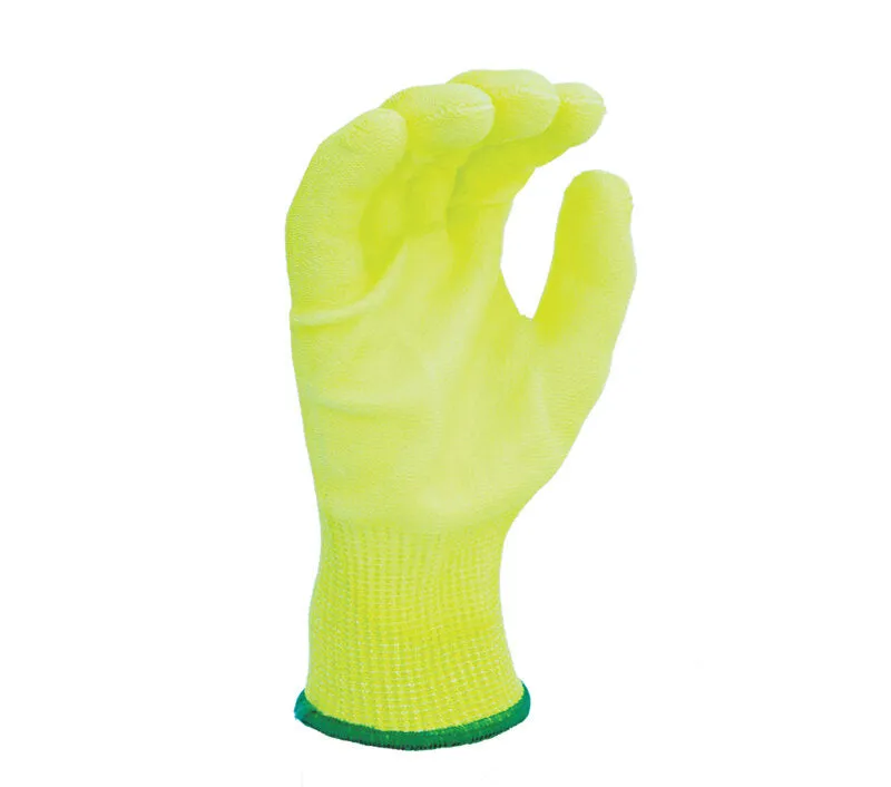 13 Gauge Hi-Vis Yellow HDPE shell, Polyurethane palm coated, ANSI A4