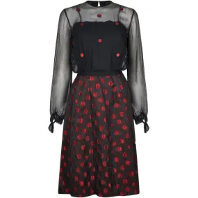 1960s Black and Red Polka Dot Demi Couture Dress and Jacket With Chiffon Bodice