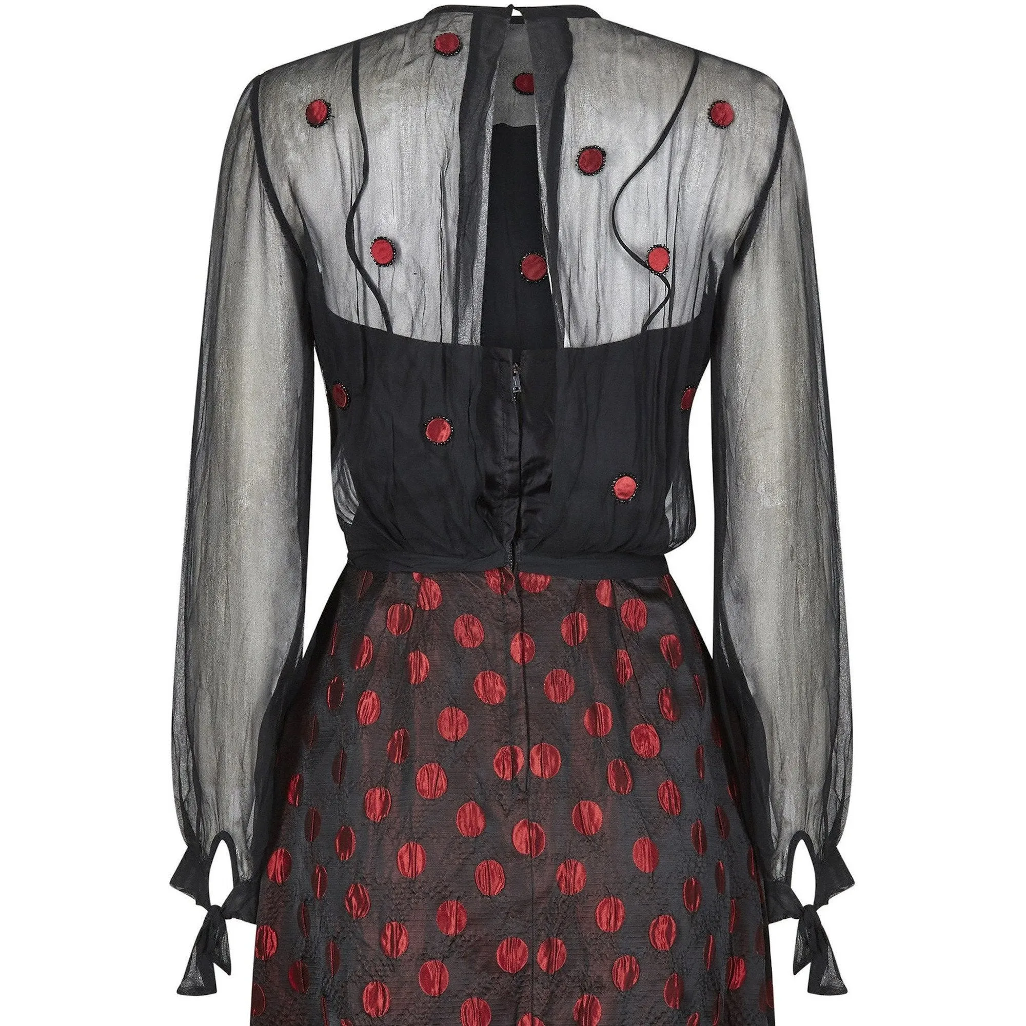 1960s Black and Red Polka Dot Demi Couture Dress and Jacket With Chiffon Bodice