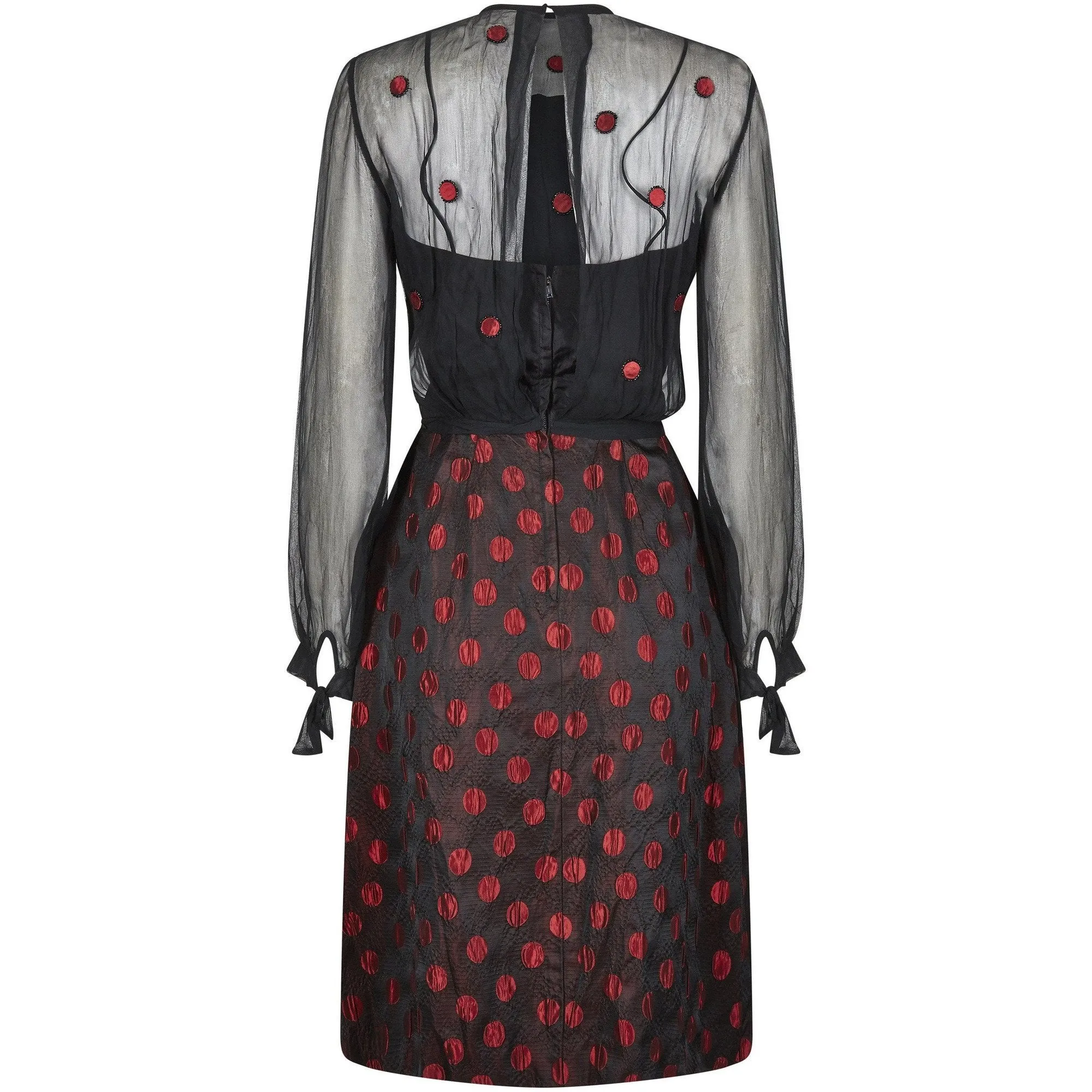 1960s Black and Red Polka Dot Demi Couture Dress and Jacket With Chiffon Bodice