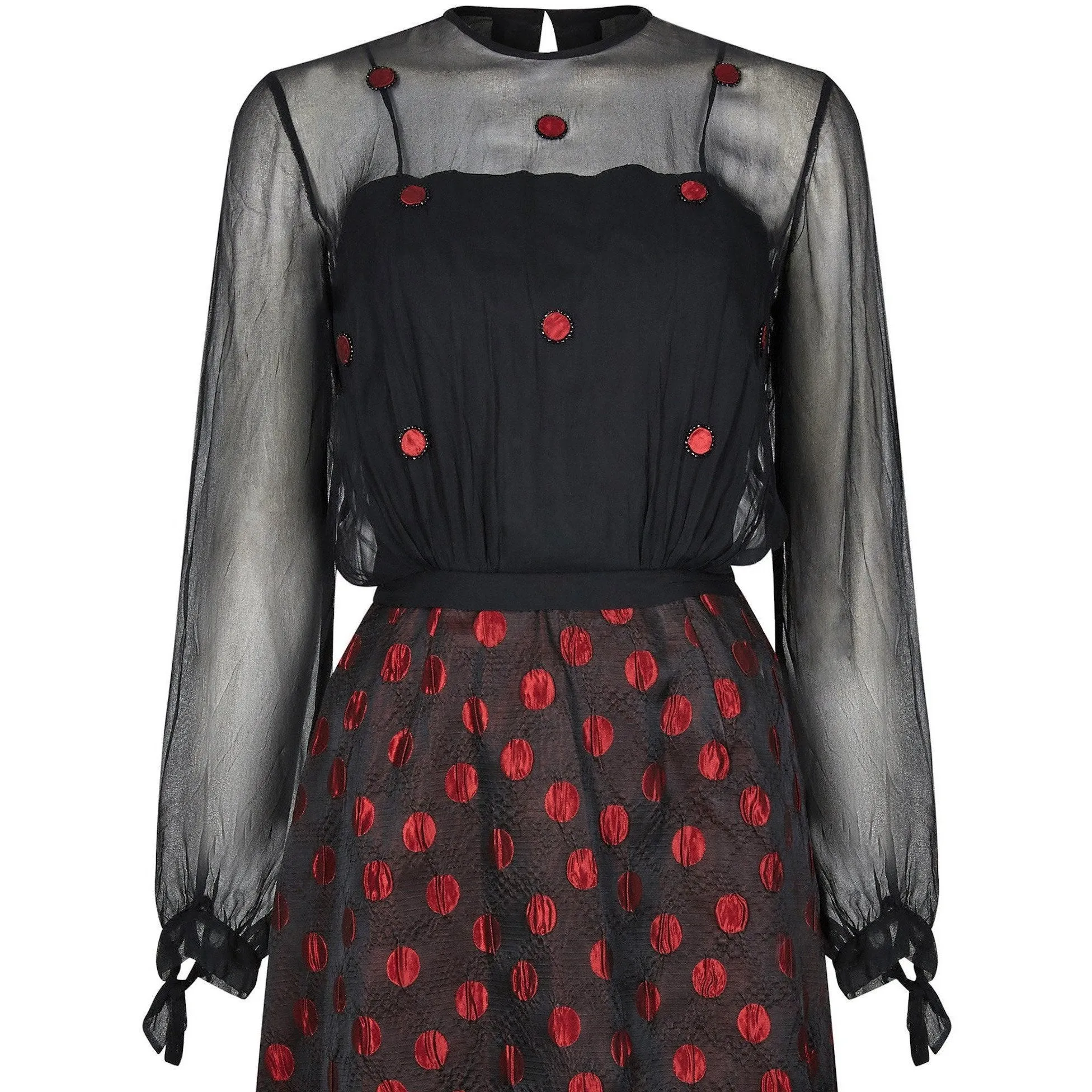 1960s Black and Red Polka Dot Demi Couture Dress and Jacket With Chiffon Bodice