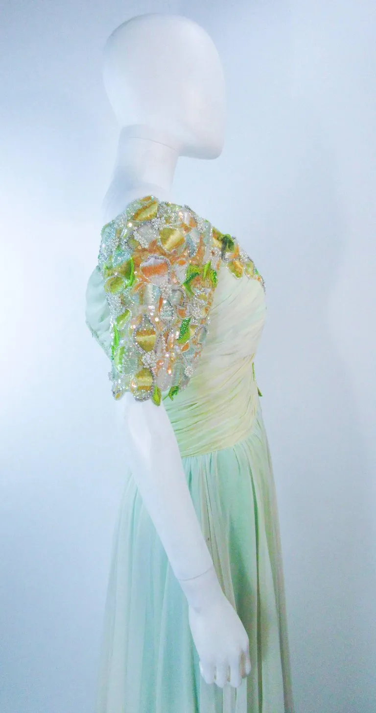 BOB MACKIE Circa 1980s Green Chiffon Floral Gown