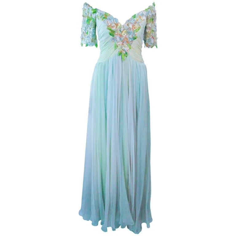 BOB MACKIE Circa 1980s Green Chiffon Floral Gown