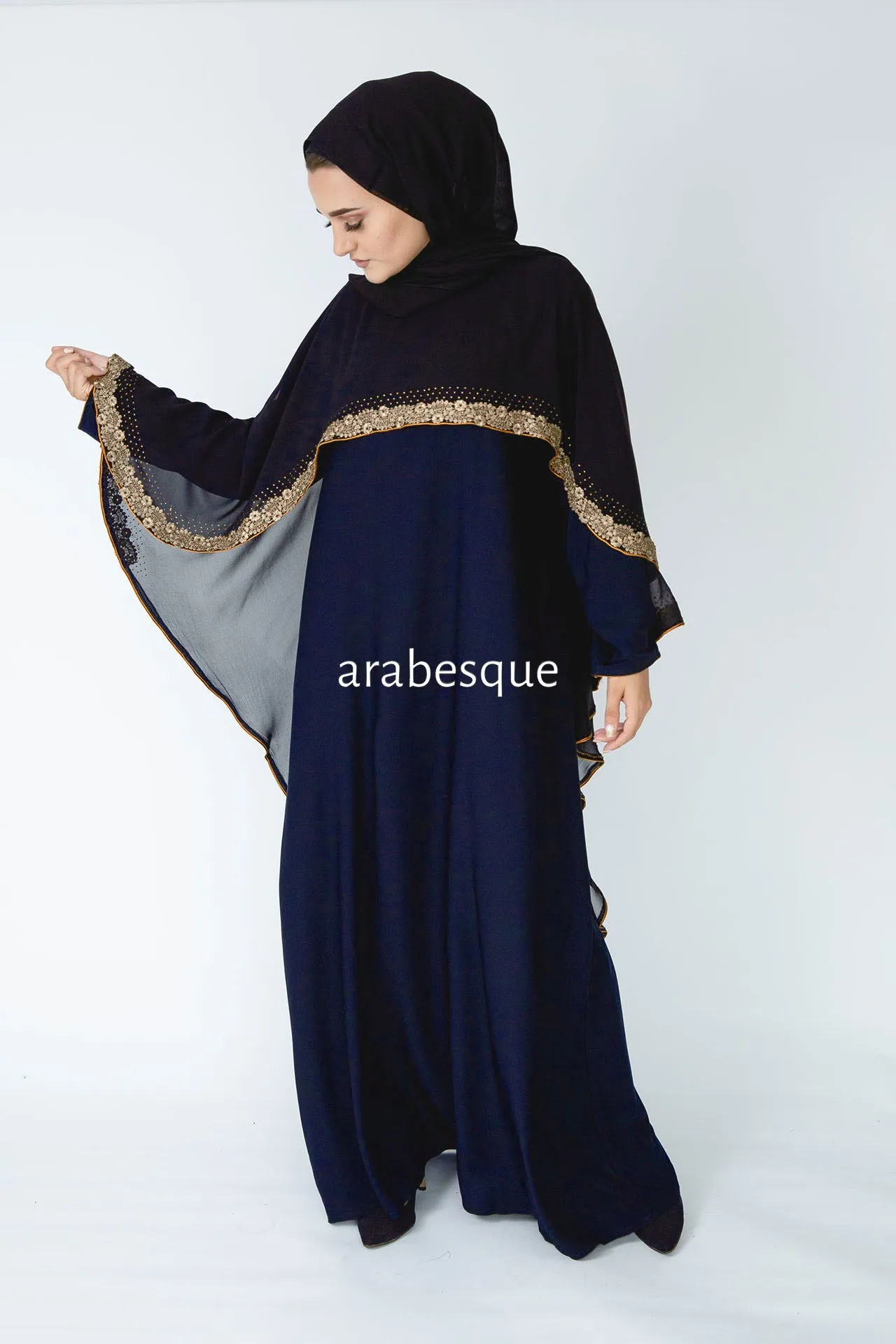 Chiffon Cape  Embellished Lace Closed Abaya - 2 Colous