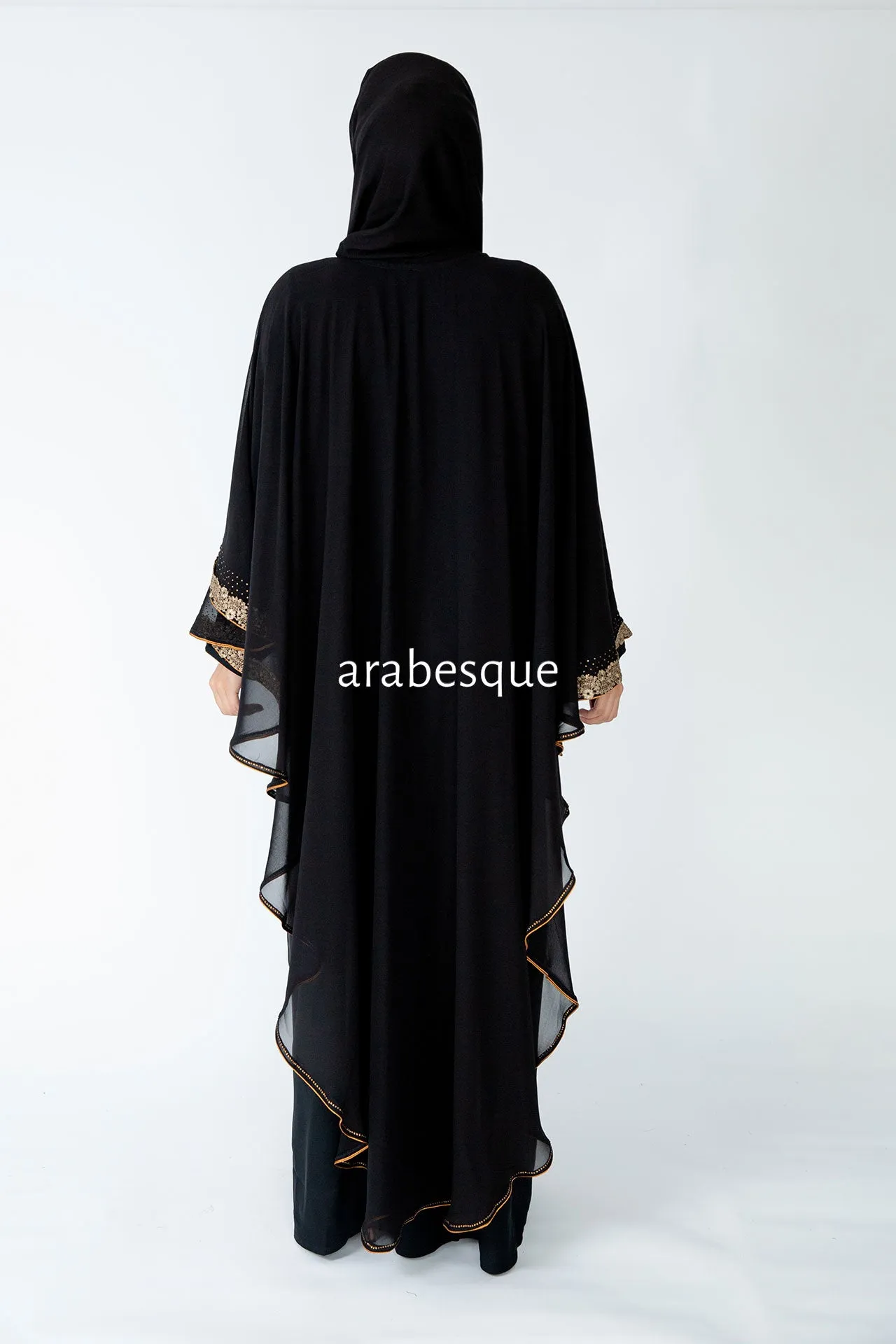 Chiffon Cape  Embellished Lace Closed Abaya - 2 Colous