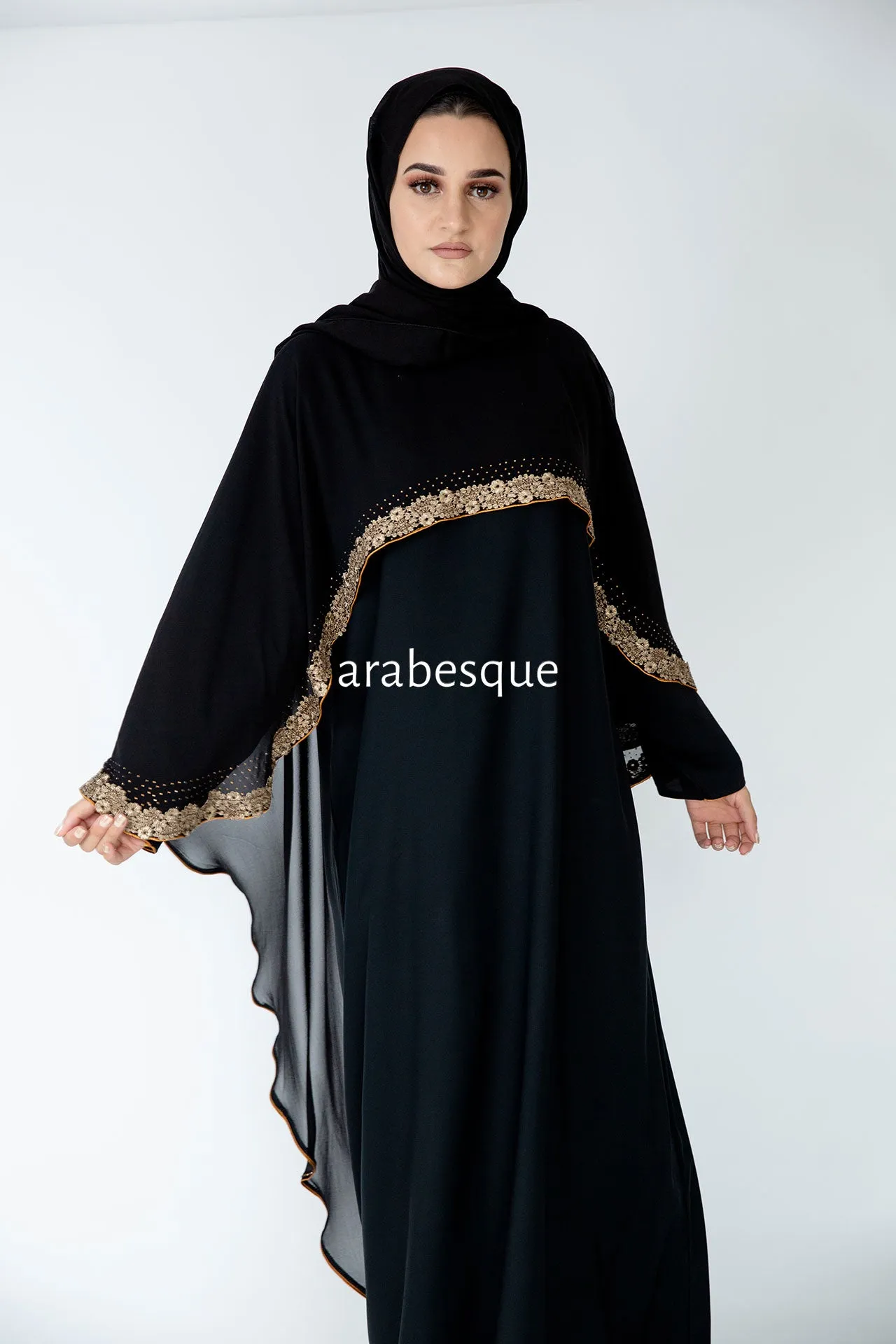 Chiffon Cape  Embellished Lace Closed Abaya - 2 Colous