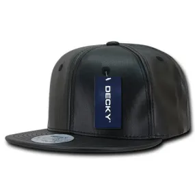 Decky 1103 Faux Leather Snapback Hat, 6 Panel Flat Bill Cap