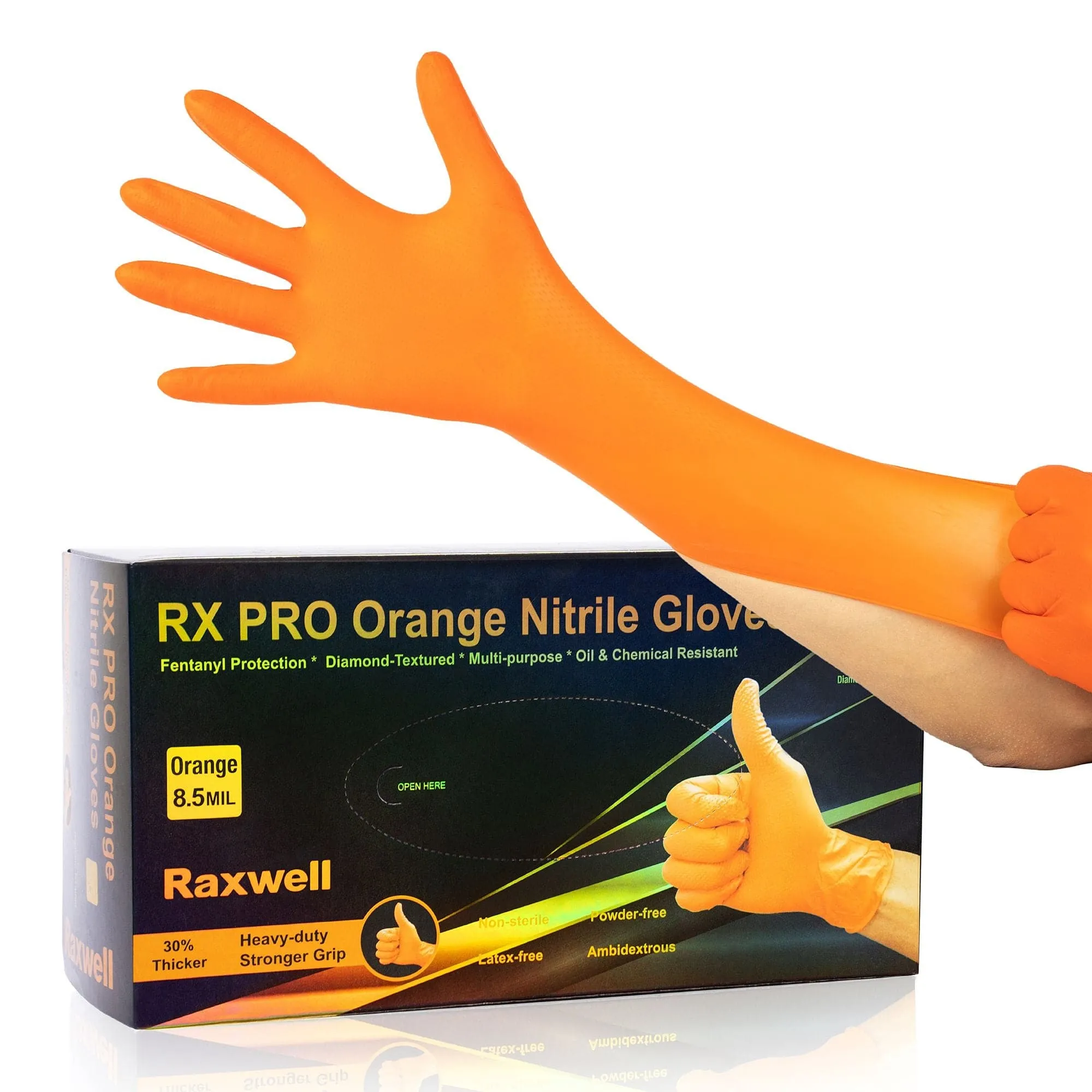 Disposable Gloves Raxwell, Nitrile Exam Gloves Orange 8.5 mil (RX500OR)