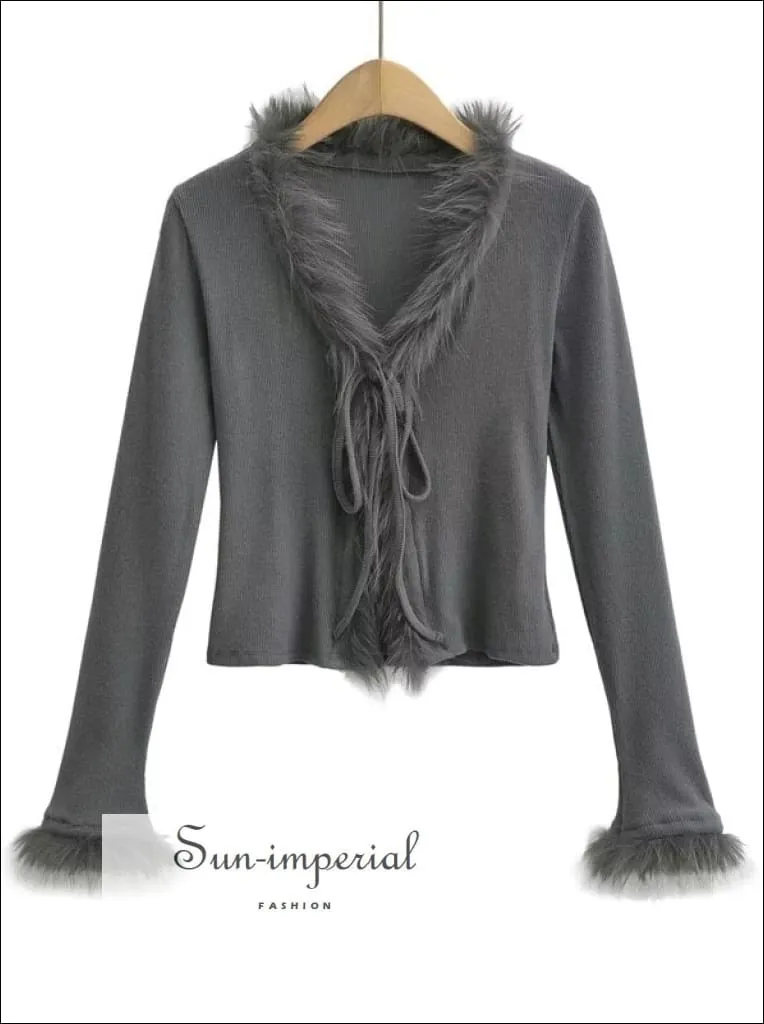 Faux Fur Neckline Sweater With Cuff Tie Front Detail