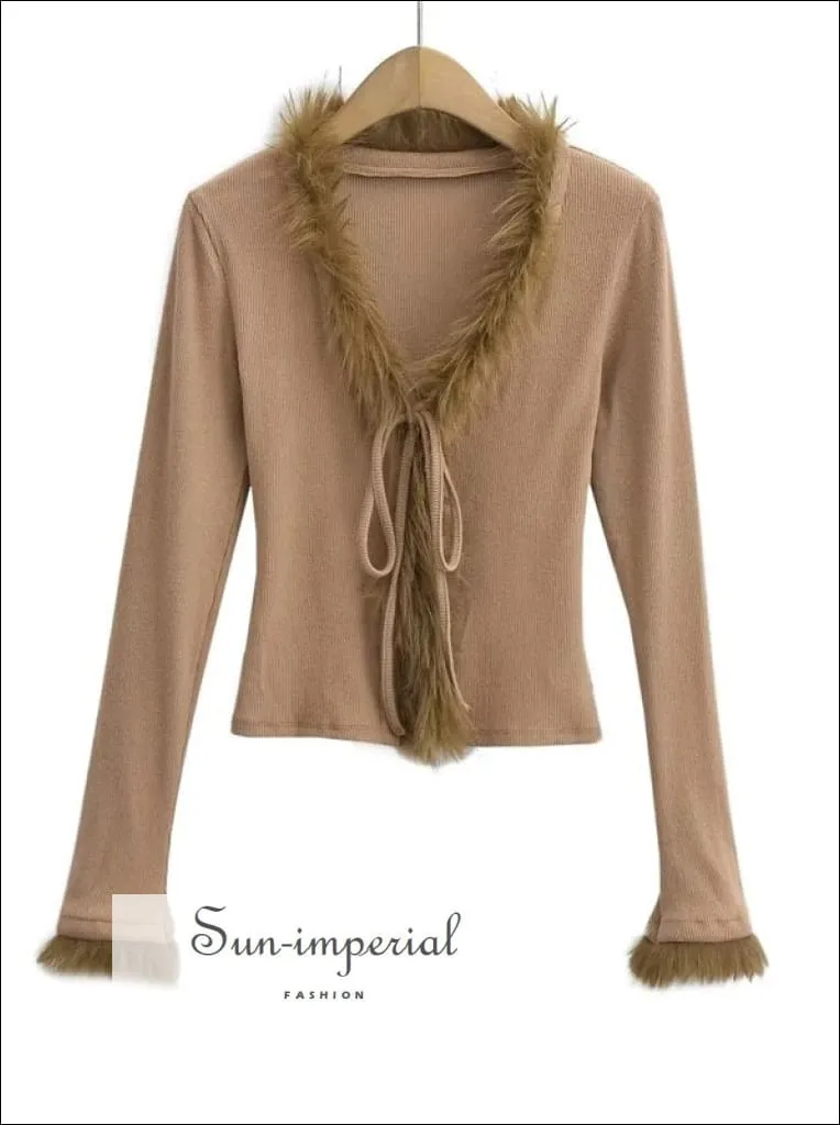 Faux Fur Neckline Sweater With Cuff Tie Front Detail