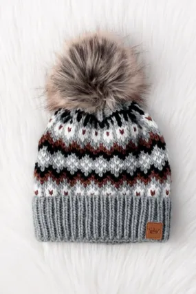 Gray & Brown Patterned Pom Hat