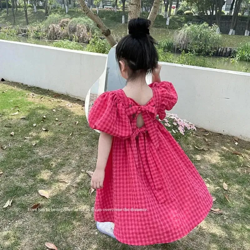 Rose Pink Plaid Balloon Sleeve Dress