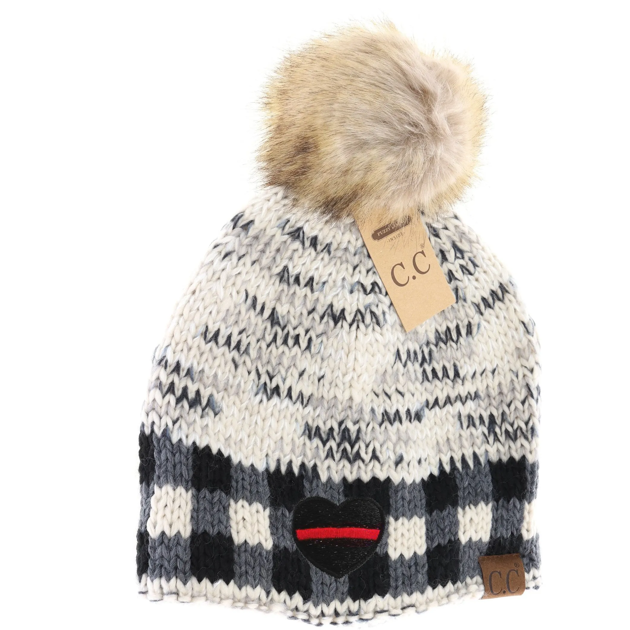 Thin Red Line Heart Buffalo Check Mixed Print Fur Pom