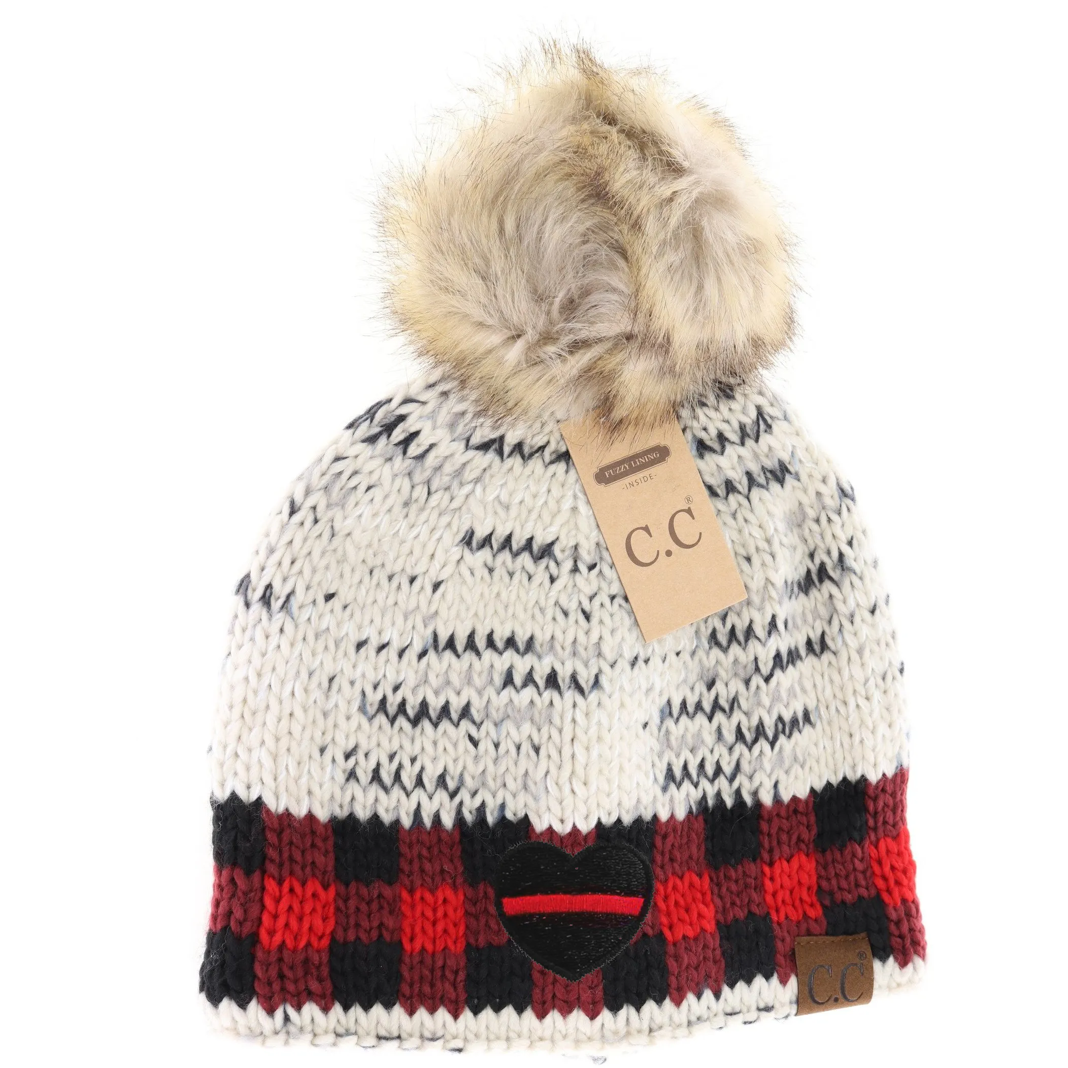 Thin Red Line Heart Buffalo Check Mixed Print Fur Pom