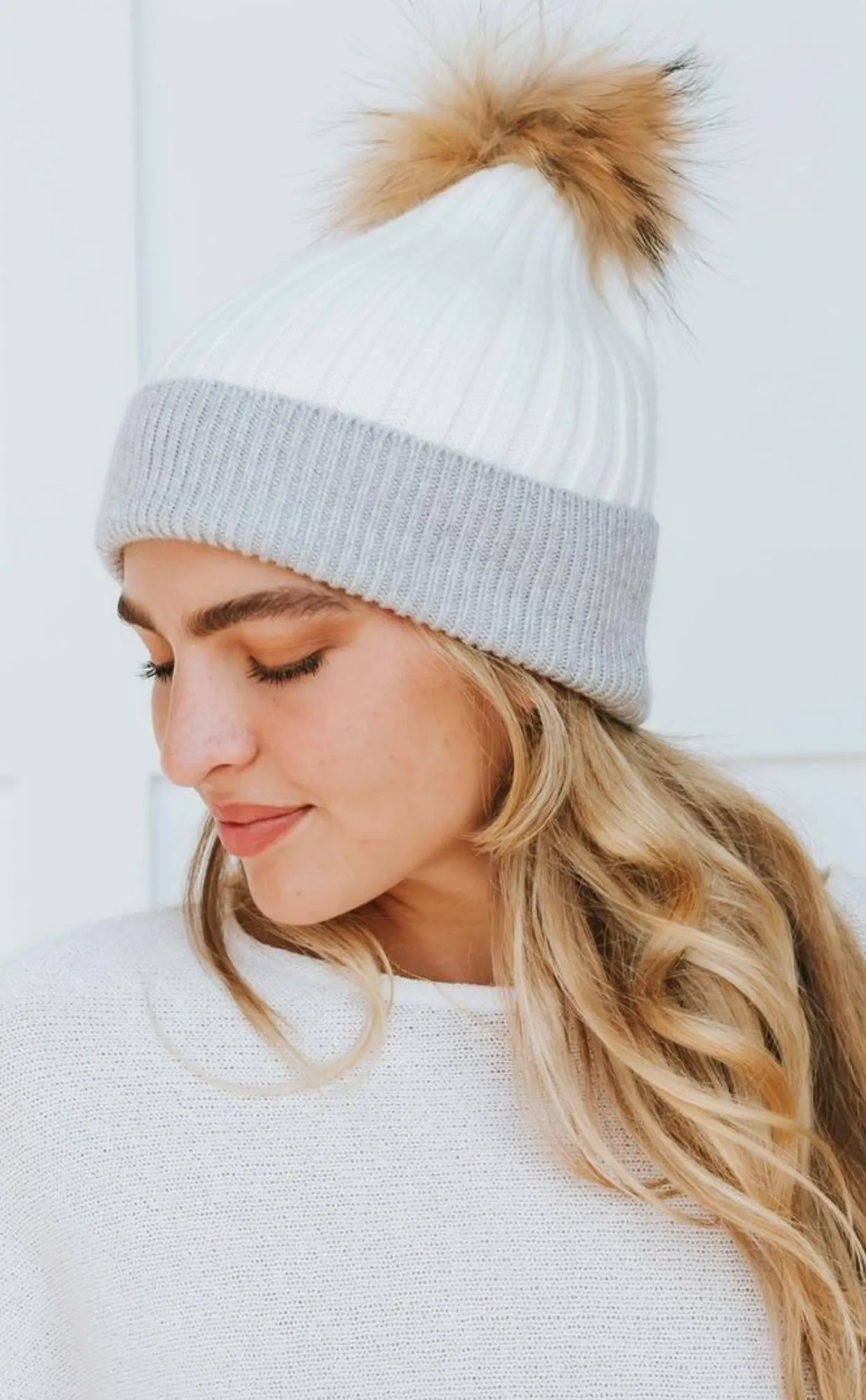 Two Tone Angora Fur Pom Beanie