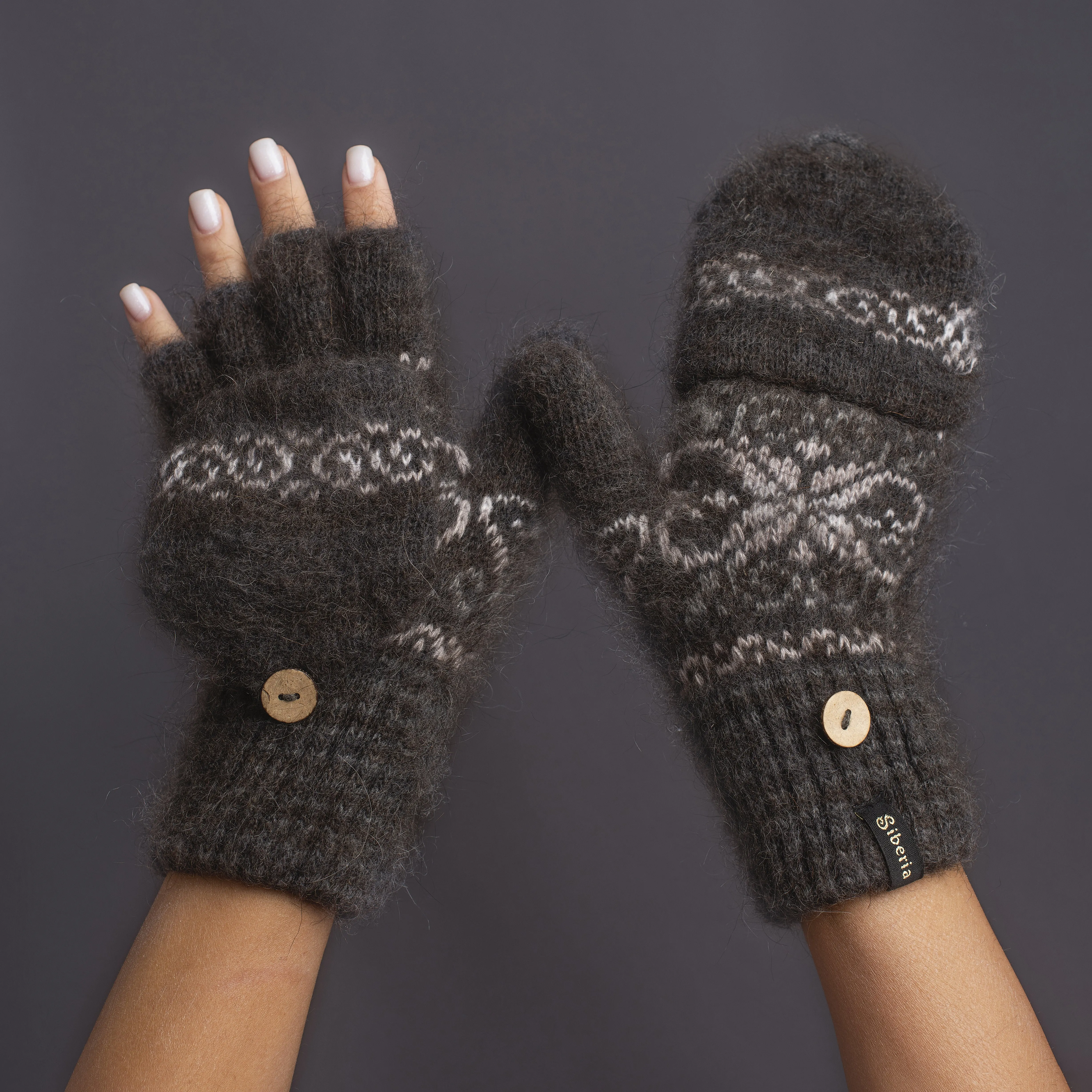 Women's Snow Flower Goat Wool Mitten Gloves